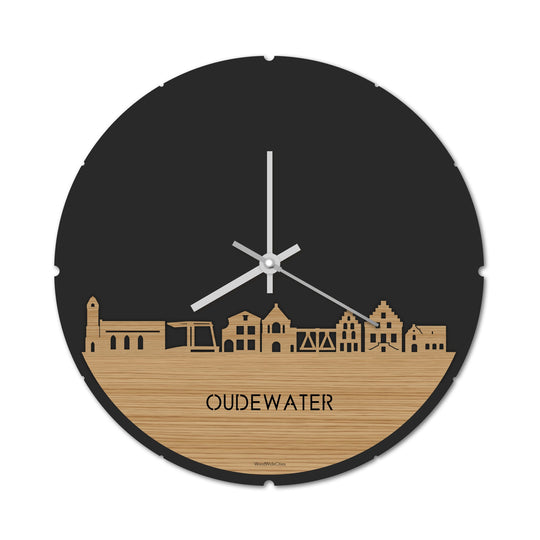 Skyline Klok Rond Oudewater Bamboe houten cadeau decoratie relatiegeschenk van WoodWideCities