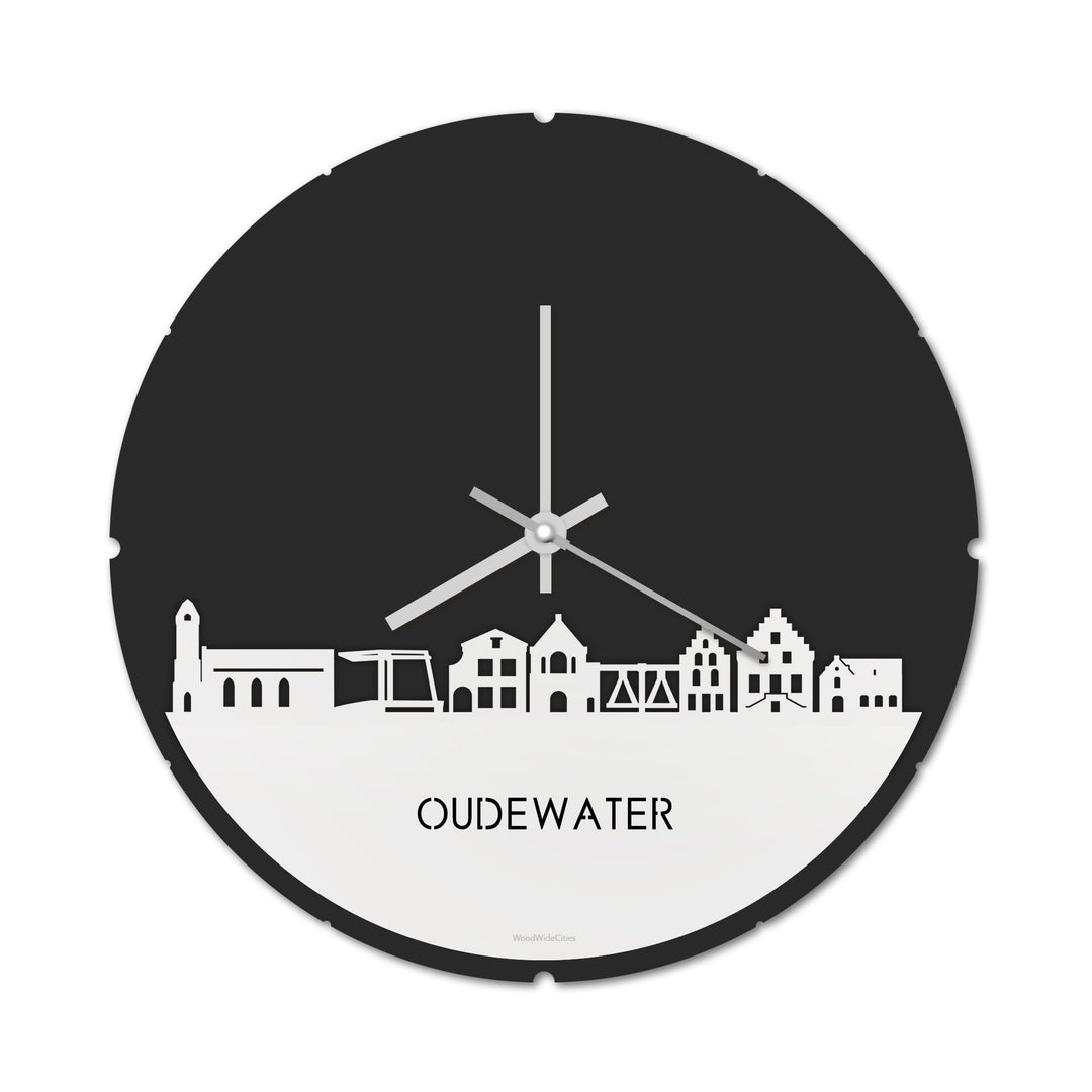 Skyline Klok Rond Oudewater Wit glanzend gerecycled kunststof cadeau decoratie relatiegeschenk van WoodWideCities