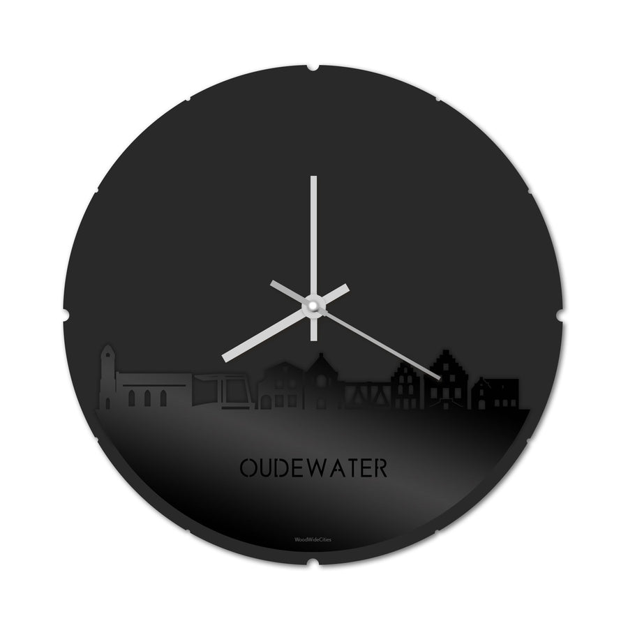 Skyline Klok Rond Oudewater Zwart glanzend gerecycled kunststof cadeau decoratie relatiegeschenk van WoodWideCities