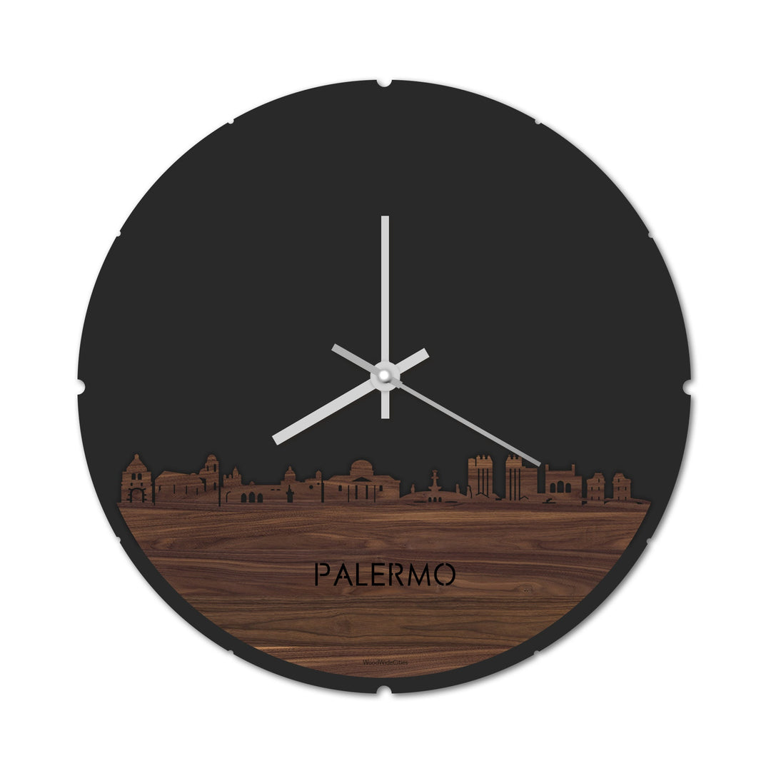 Skyline Klok Rond Palermo Noten houten cadeau decoratie relatiegeschenk van WoodWideCities