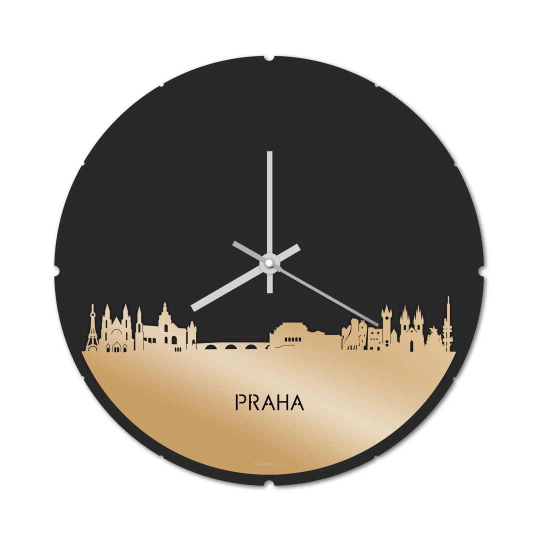 Skyline Klok Rond Praha Metallic Goud gerecycled kunststof cadeau decoratie relatiegeschenk van WoodWideCities
