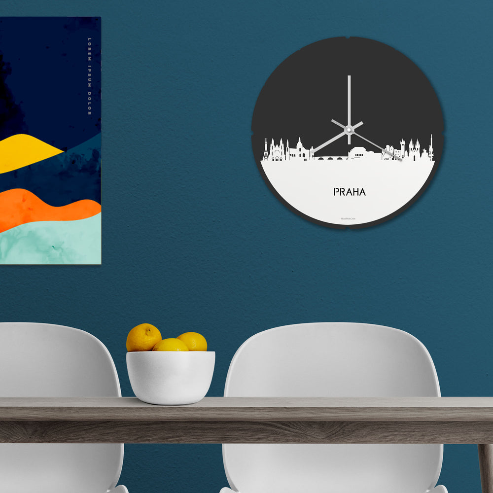 Skyline Klok Rond Praha Wit glanzend gerecycled kunststof cadeau decoratie relatiegeschenk van WoodWideCities