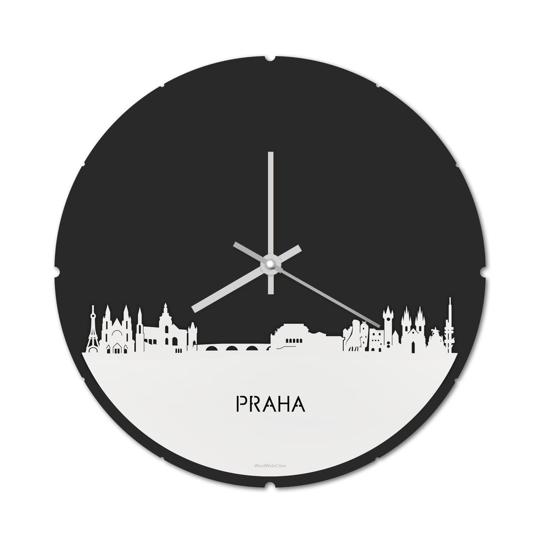Skyline Klok Rond Praha Wit glanzend gerecycled kunststof cadeau decoratie relatiegeschenk van WoodWideCities