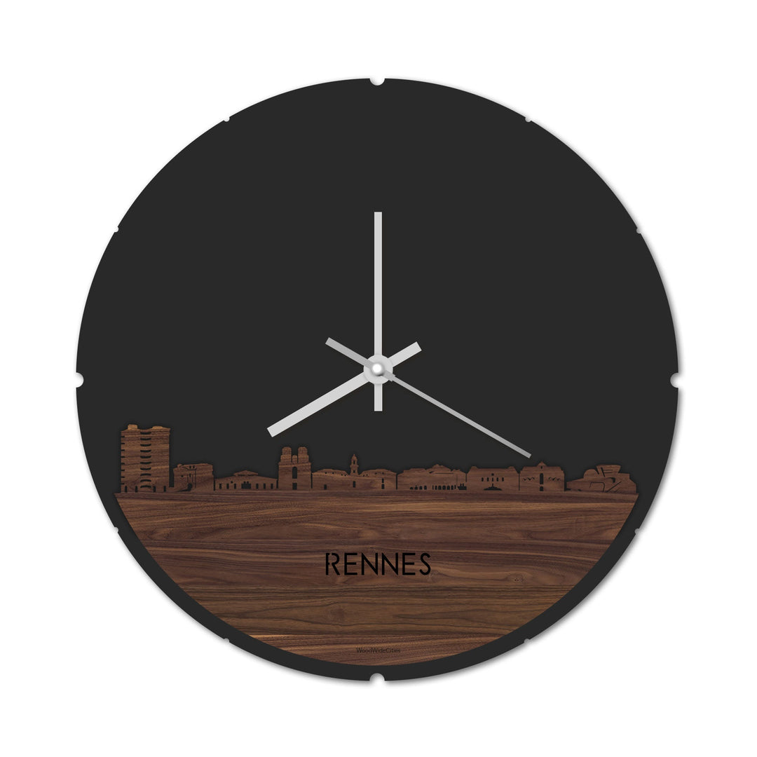 Skyline Klok Rond Rennes Noten houten cadeau decoratie relatiegeschenk van WoodWideCities