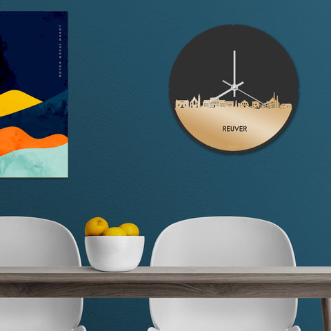 Skyline Klok Rond Reuver Metallic Goud gerecycled kunststof cadeau decoratie relatiegeschenk van WoodWideCities