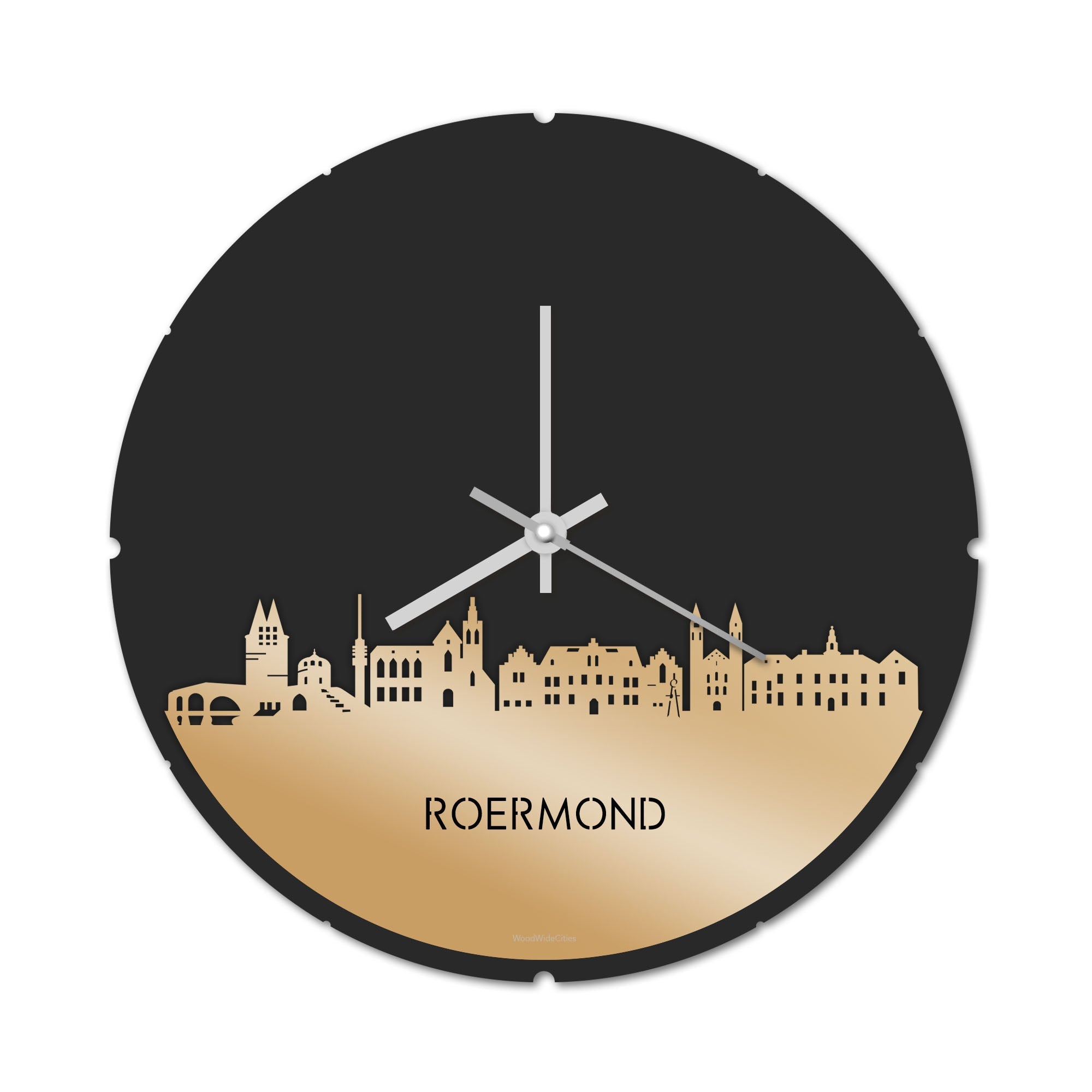 Skyline Klok Rond Roermond Metallic Goud gerecycled kunststof cadeau decoratie relatiegeschenk van WoodWideCities