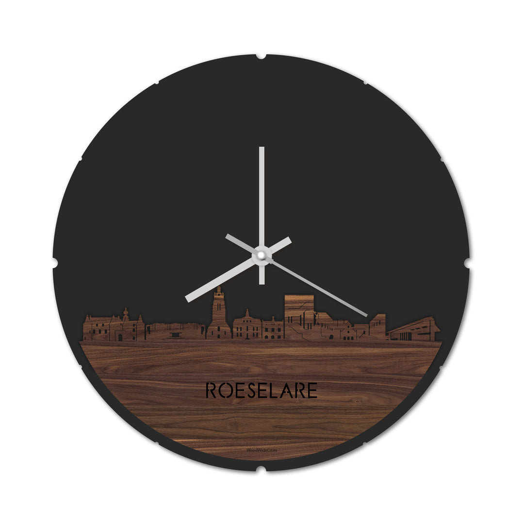 Skyline Klok Rond Roeselare Noten houten cadeau decoratie relatiegeschenk van WoodWideCities