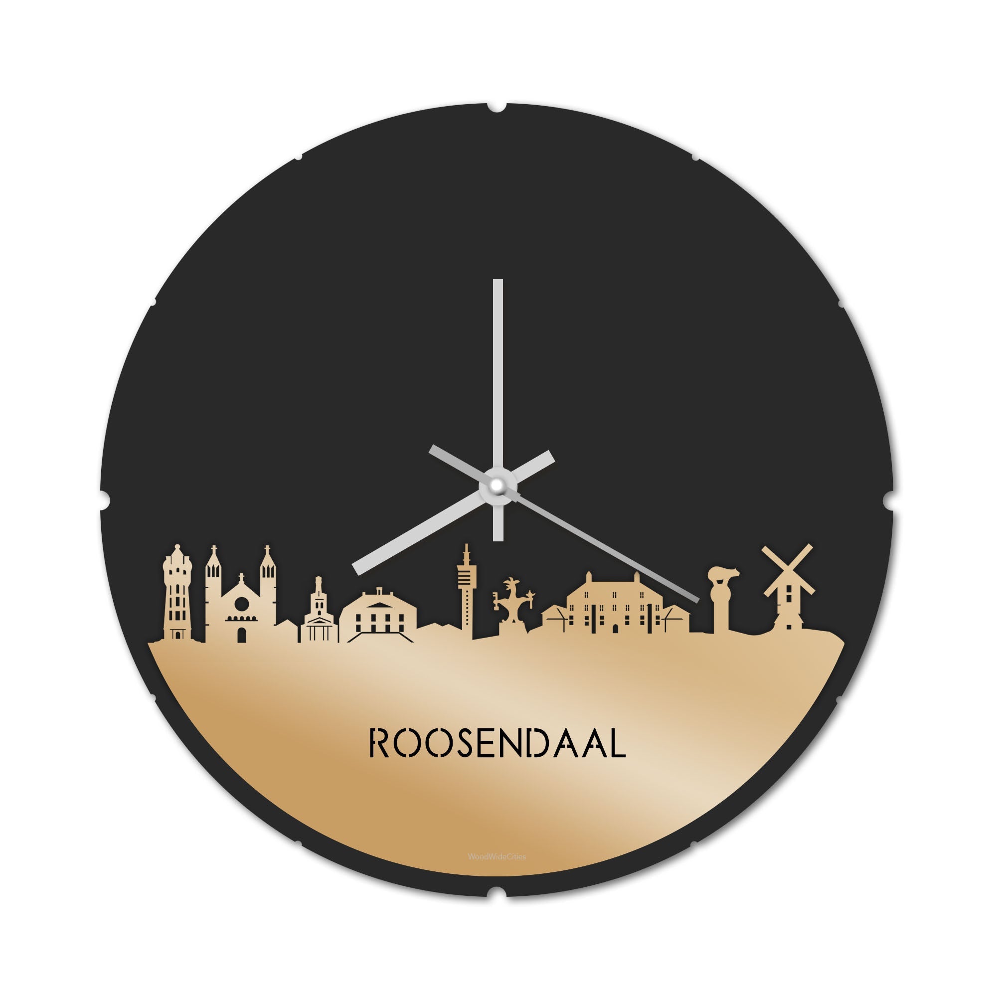 Skyline Klok Rond Roosendaal Metallic Goud gerecycled kunststof cadeau decoratie relatiegeschenk van WoodWideCities