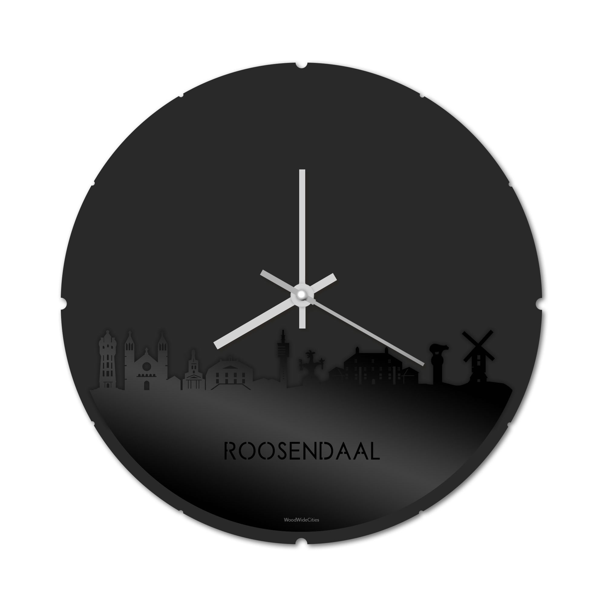 Skyline Klok Rond Roosendaal Zwart glanzend gerecycled kunststof cadeau decoratie relatiegeschenk van WoodWideCities