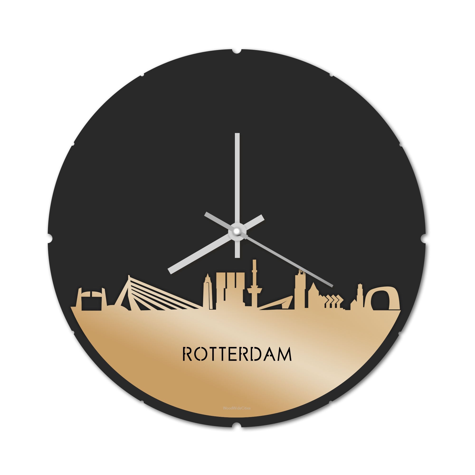 Skyline Klok Rond Rotterdam Metallic Goud gerecycled kunststof cadeau decoratie relatiegeschenk van WoodWideCities