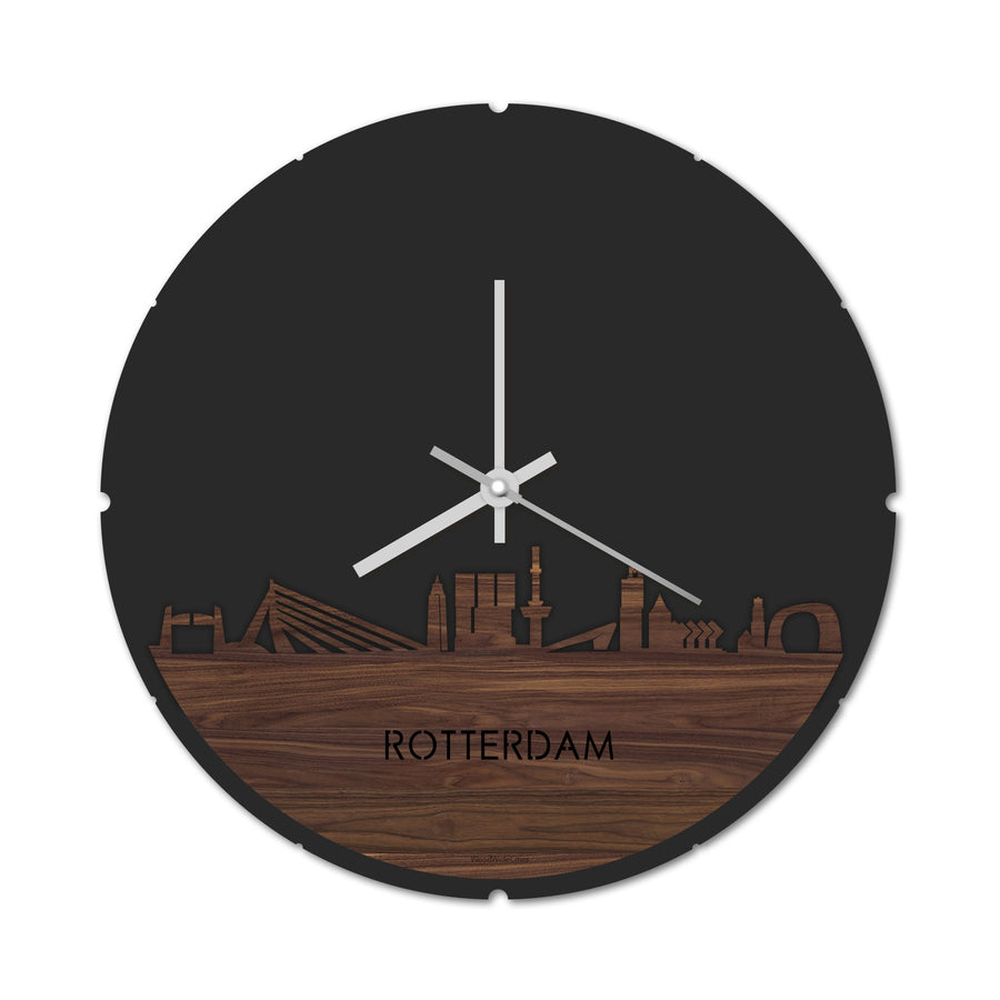 Skyline Klok Rond Rotterdam Noten houten cadeau decoratie relatiegeschenk van WoodWideCities