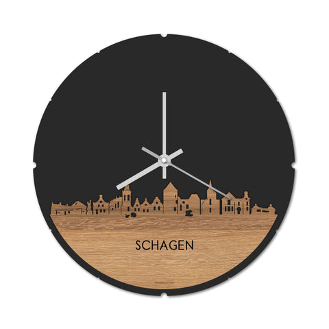 Skyline Klok Rond Schagen Eiken houten cadeau decoratie relatiegeschenk van WoodWideCities