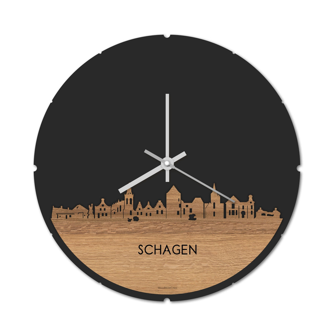 Skyline Klok Rond Schagen Eiken houten cadeau decoratie relatiegeschenk van WoodWideCities