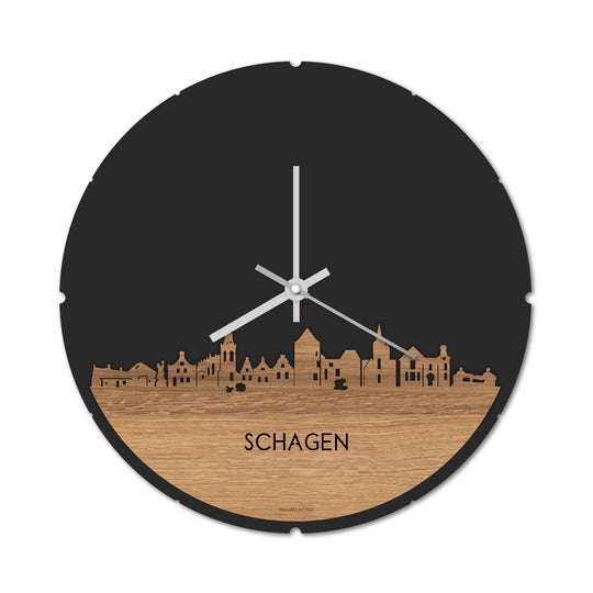 Skyline Klok Rond Schagen Eiken houten cadeau decoratie relatiegeschenk van WoodWideCities