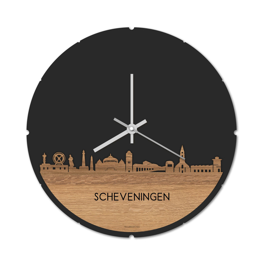 Skyline Klok Rond Scheveningen Eiken houten cadeau decoratie relatiegeschenk van WoodWideCities