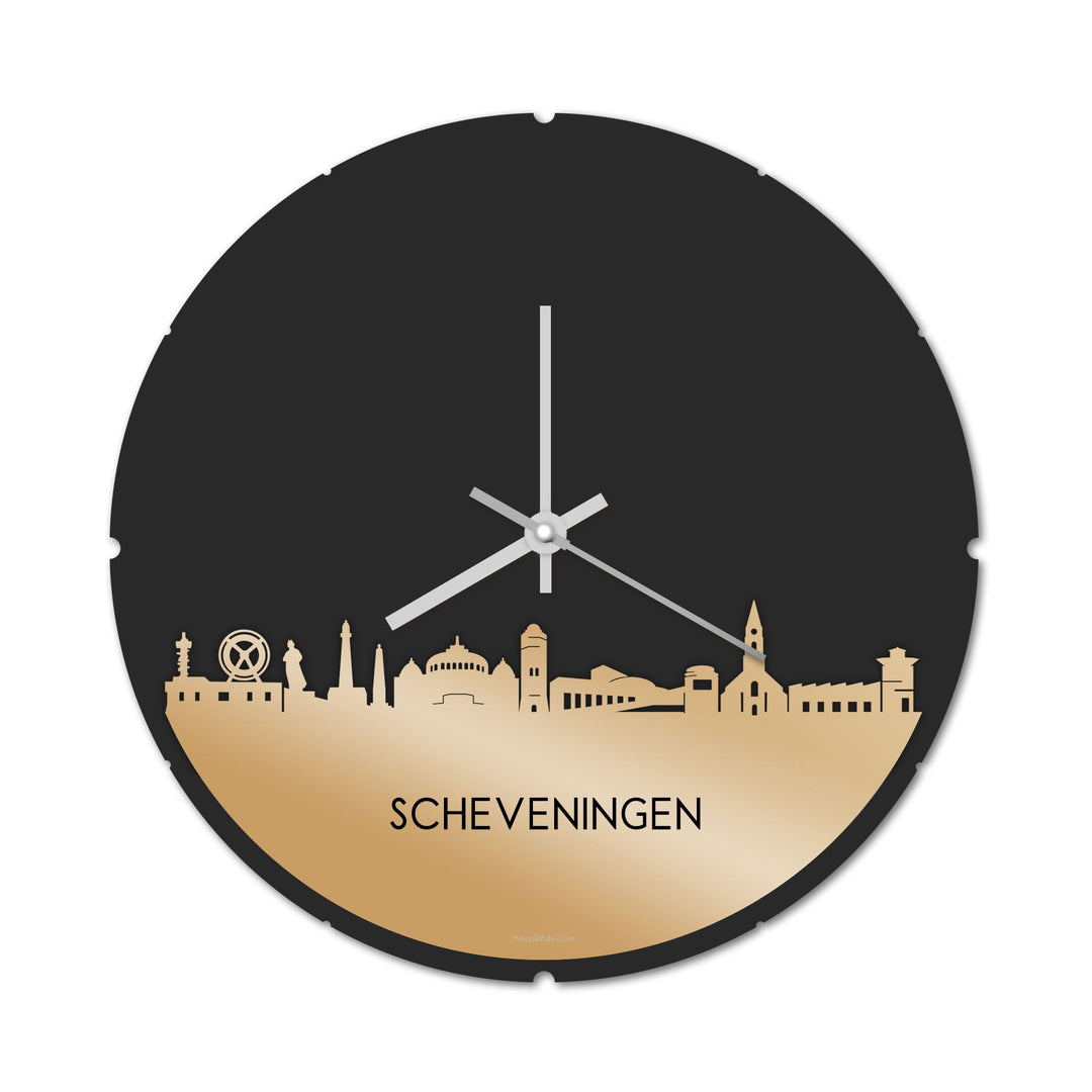 Skyline Klok Rond Scheveningen Metallic Goud gerecycled kunststof cadeau decoratie relatiegeschenk van WoodWideCities