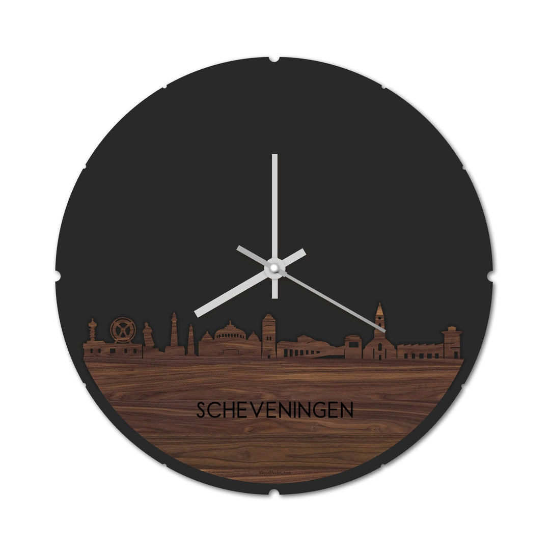 Skyline Klok Rond Scheveningen Noten houten cadeau decoratie relatiegeschenk van WoodWideCities