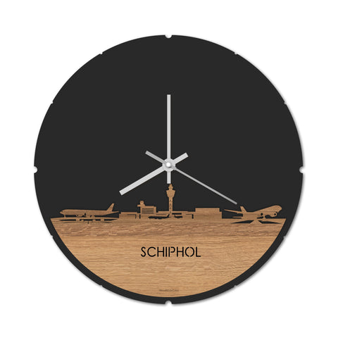 Skyline Klok Rond Schiphol Eiken houten cadeau decoratie relatiegeschenk van WoodWideCities