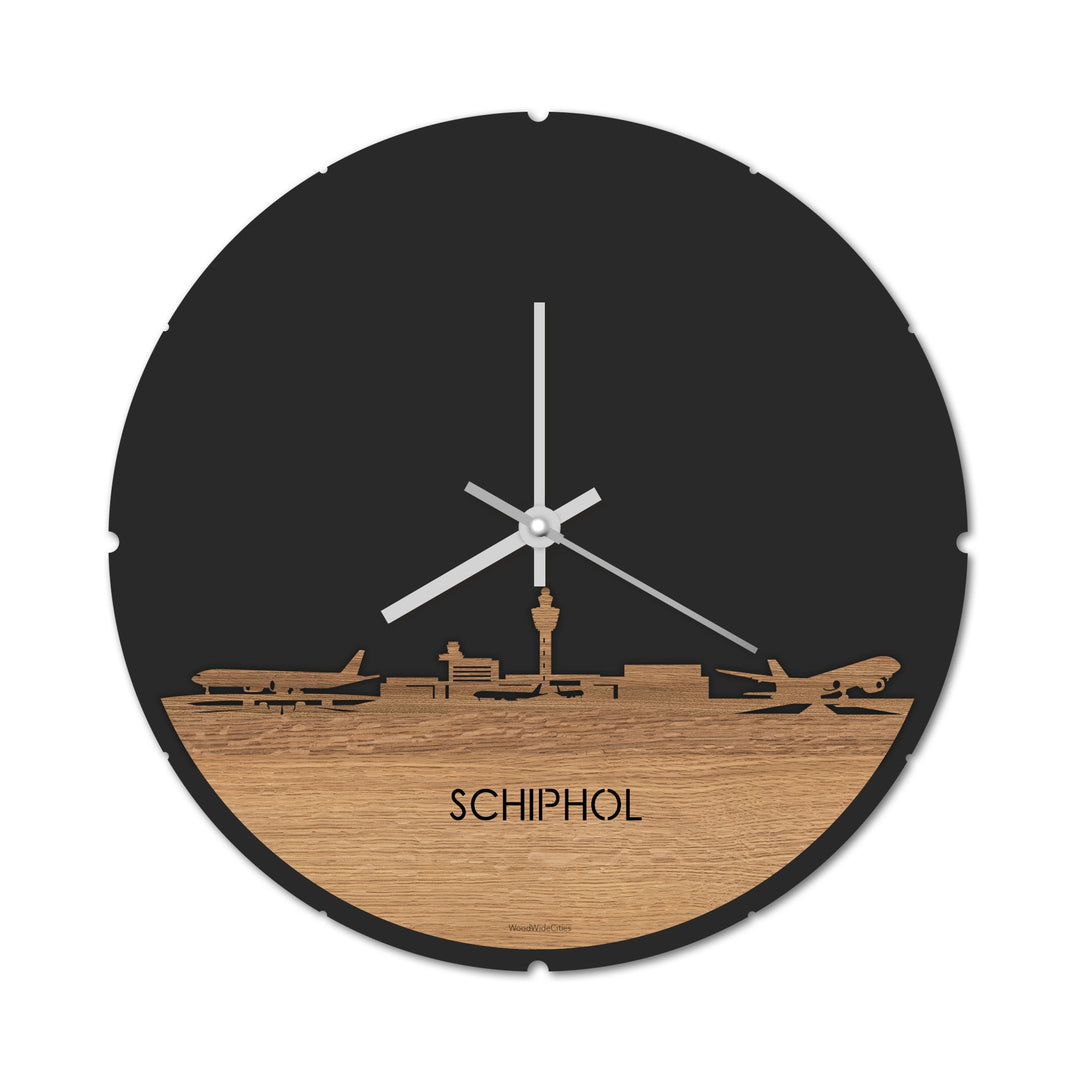 Skyline Klok Rond Schiphol Eiken houten cadeau decoratie relatiegeschenk van WoodWideCities