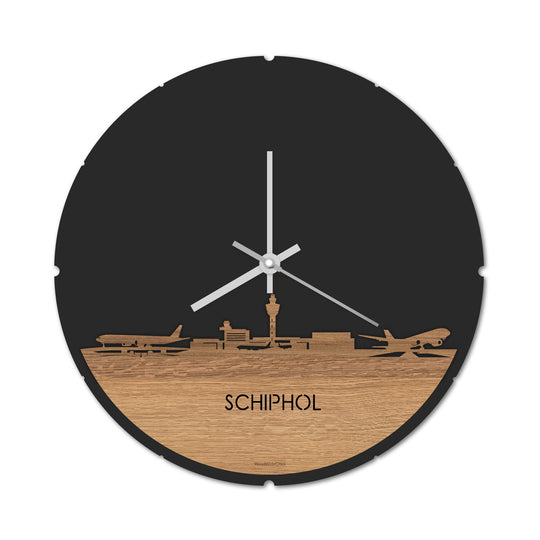 Skyline Klok Rond Schiphol Eiken houten cadeau decoratie relatiegeschenk van WoodWideCities