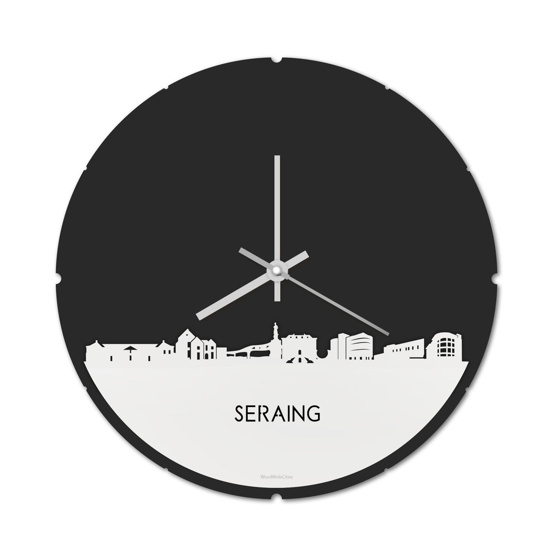 Skyline Klok Rond Seraing Wit glanzend gerecycled kunststof cadeau decoratie relatiegeschenk van WoodWideCities