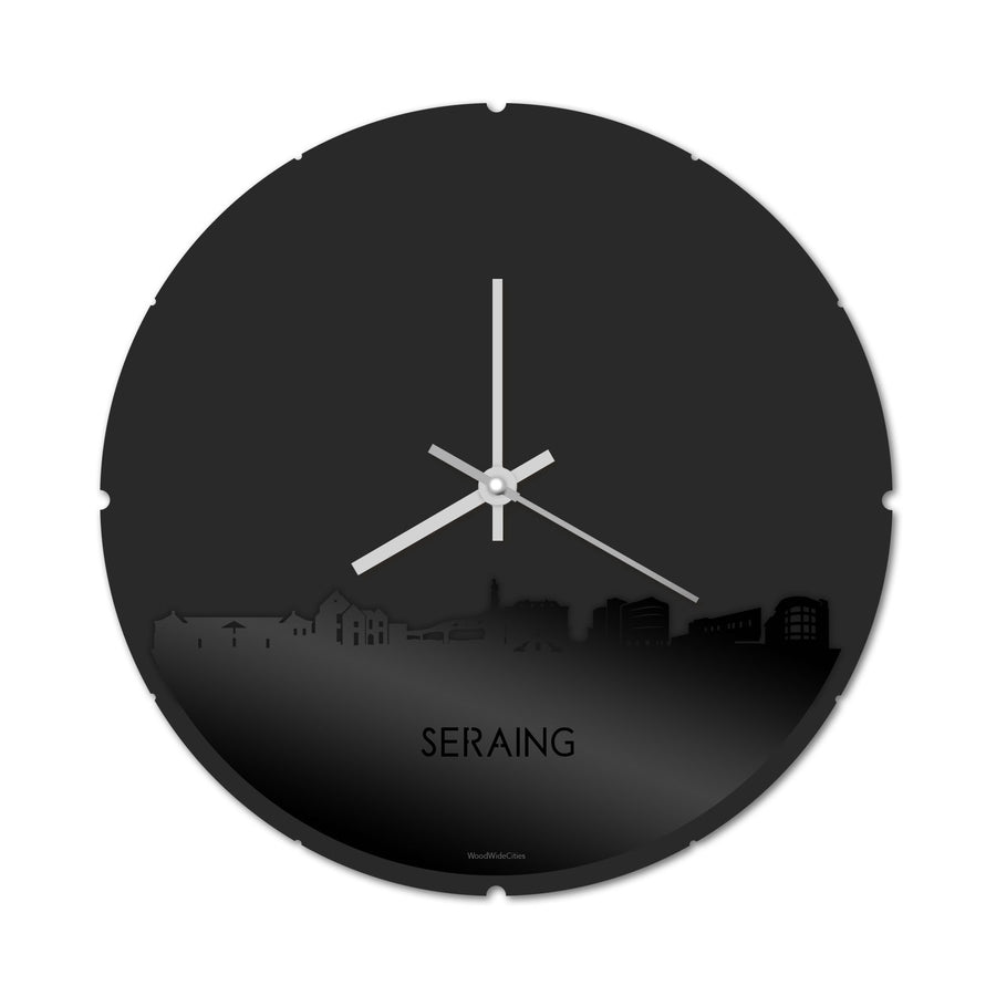 Skyline Klok Rond Seraing Zwart glanzend gerecycled kunststof cadeau decoratie relatiegeschenk van WoodWideCities