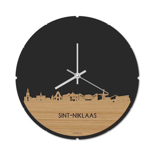 Skyline Klok Rond Sint-Niklaas Bamboe houten cadeau decoratie relatiegeschenk van WoodWideCities