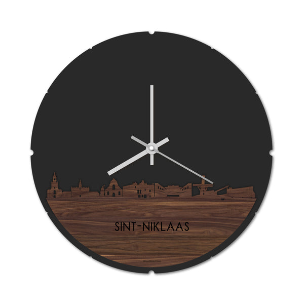 Skyline Klok Rond Sint-Niklaas Noten houten cadeau decoratie relatiegeschenk van WoodWideCities
