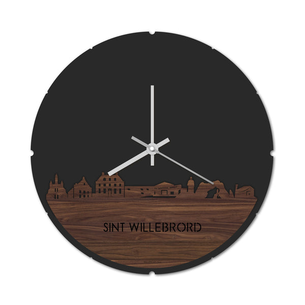 Skyline Klok Rond Sint Willebrord Noten houten cadeau decoratie relatiegeschenk van WoodWideCities