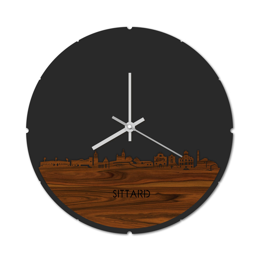 Skyline Klok Rond Sittard Palissander houten cadeau decoratie relatiegeschenk van WoodWideCities