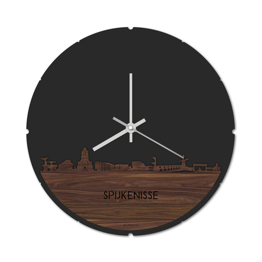 Skyline Klok Rond Spijkenisse Noten houten cadeau decoratie relatiegeschenk van WoodWideCities