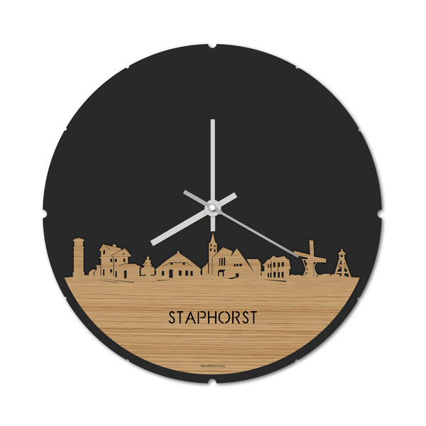 Skyline Klok Rond Staphorst Bamboe houten cadeau decoratie relatiegeschenk van WoodWideCities