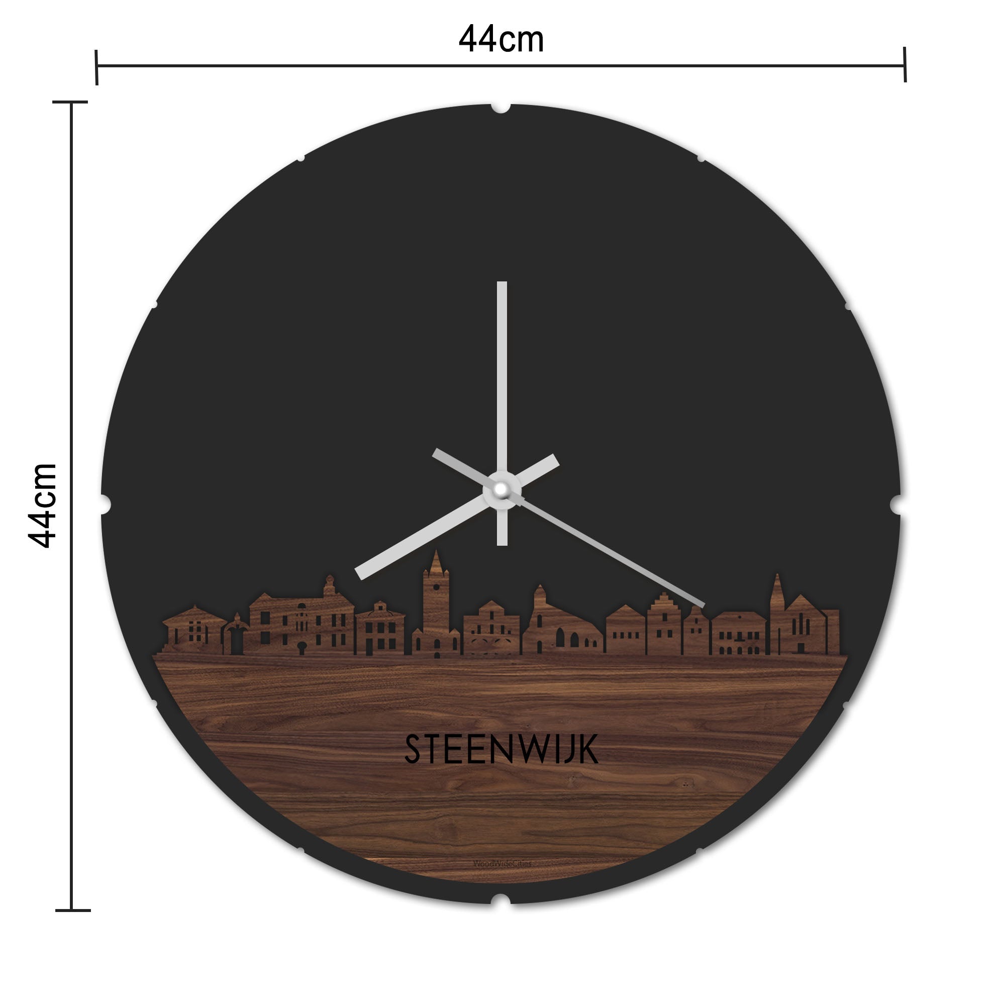 Skyline Klok Rond Steenwijk Noten houten cadeau decoratie relatiegeschenk van WoodWideCities