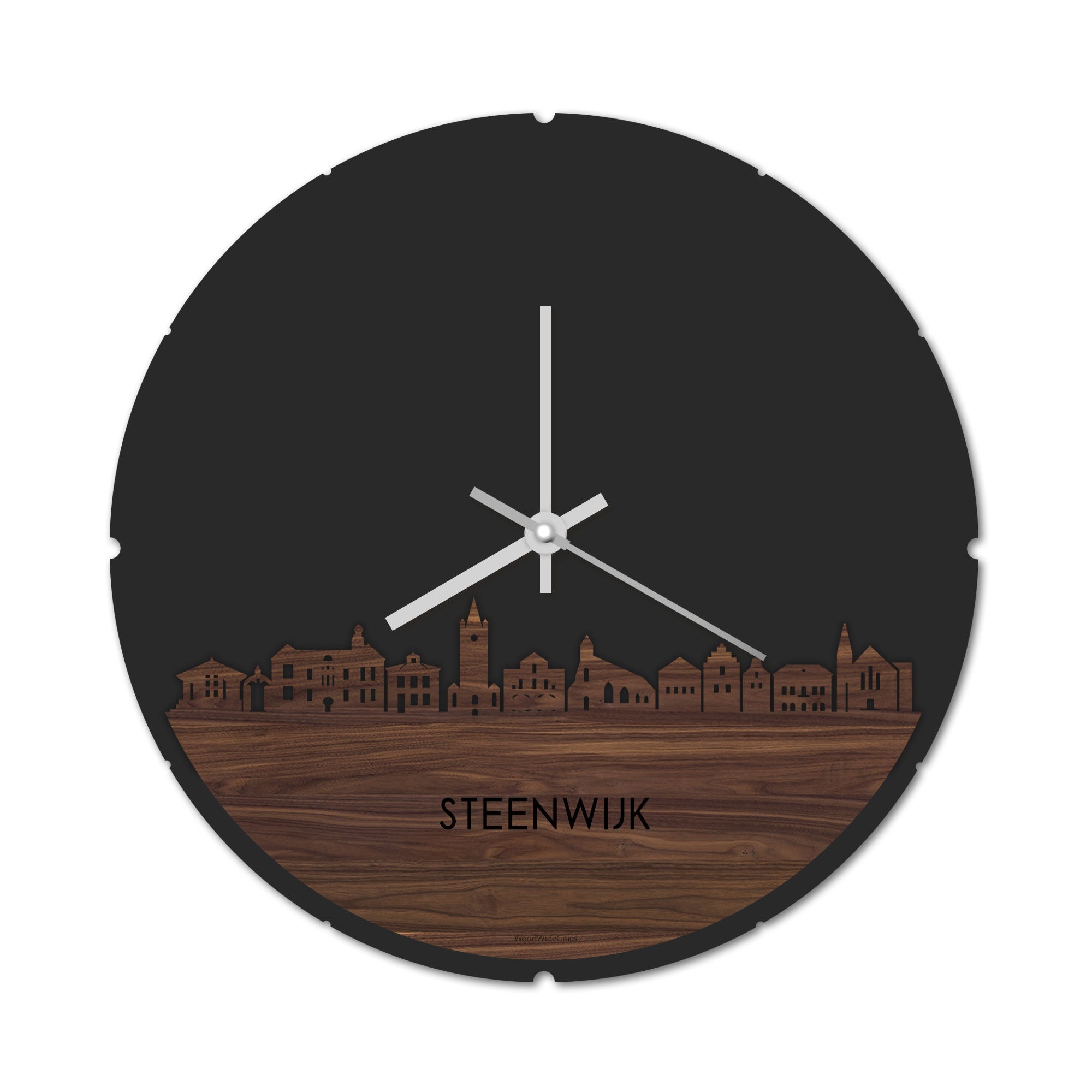 Skyline Klok Rond Steenwijk Noten houten cadeau decoratie relatiegeschenk van WoodWideCities