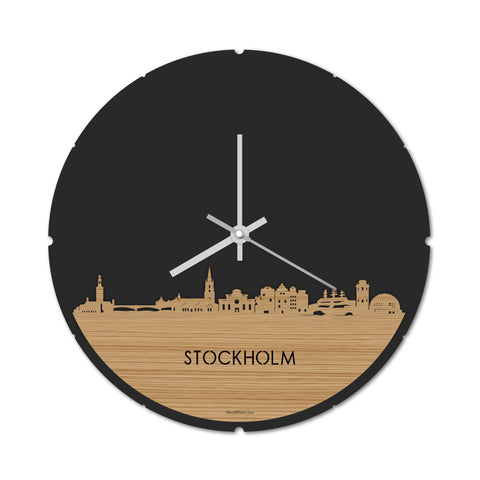 Skyline Klok Rond Stockholm Bamboe houten cadeau decoratie relatiegeschenk van WoodWideCities