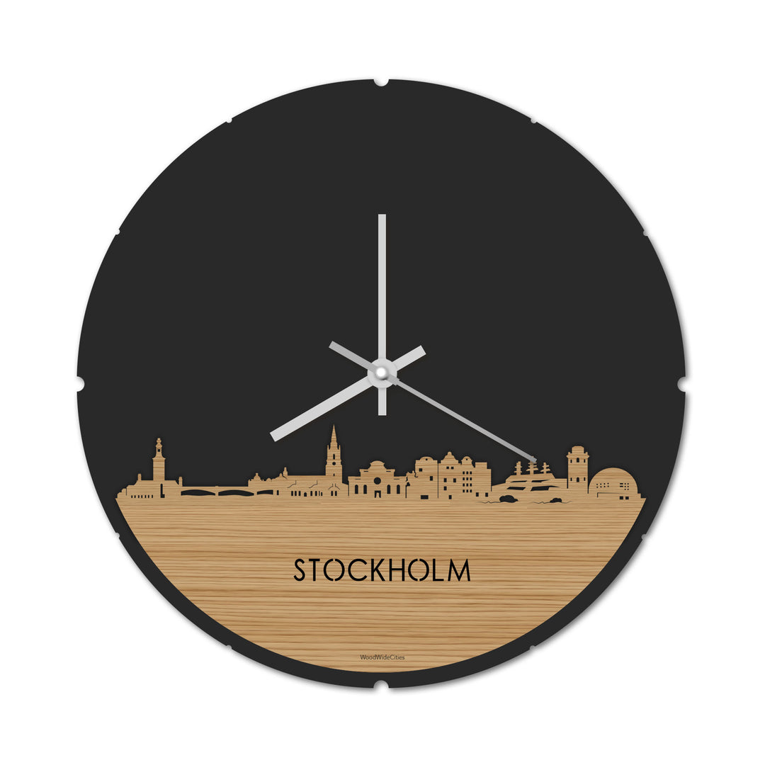 Skyline Klok Rond Stockholm Bamboe houten cadeau decoratie relatiegeschenk van WoodWideCities