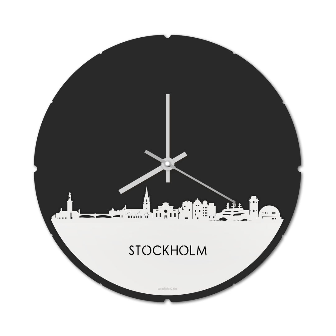 Skyline Klok Rond Stockholm Wit glanzend gerecycled kunststof cadeau decoratie relatiegeschenk van WoodWideCities