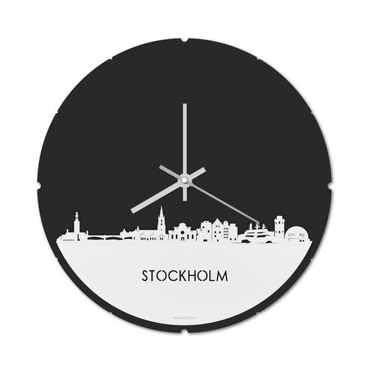 Skyline Klok Rond Stockholm Wit glanzend gerecycled kunststof cadeau decoratie relatiegeschenk van WoodWideCities