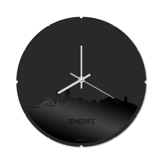 Skyline Klok Rond Tenerife Zwart glanzend gerecycled kunststof cadeau decoratie relatiegeschenk van WoodWideCities