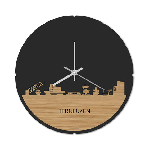 Skyline Klok Rond Terneuzen Bamboe houten cadeau decoratie relatiegeschenk van WoodWideCities