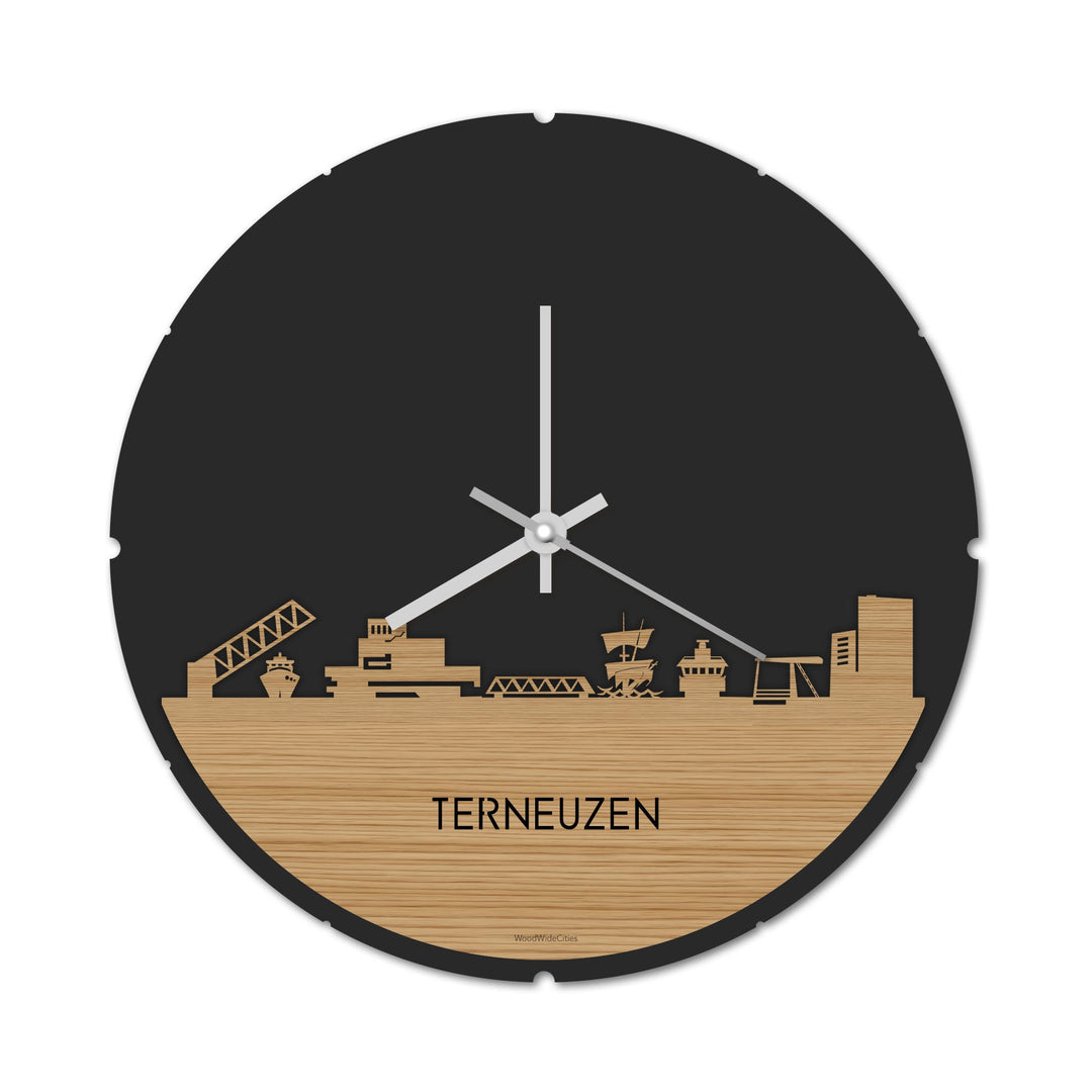 Skyline Klok Rond Terneuzen Bamboe houten cadeau decoratie relatiegeschenk van WoodWideCities