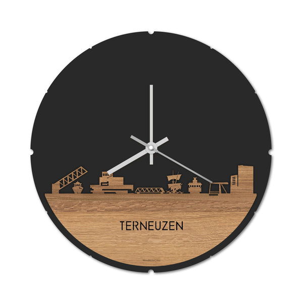 Skyline Klok Rond Terneuzen Eiken houten cadeau decoratie relatiegeschenk van WoodWideCities