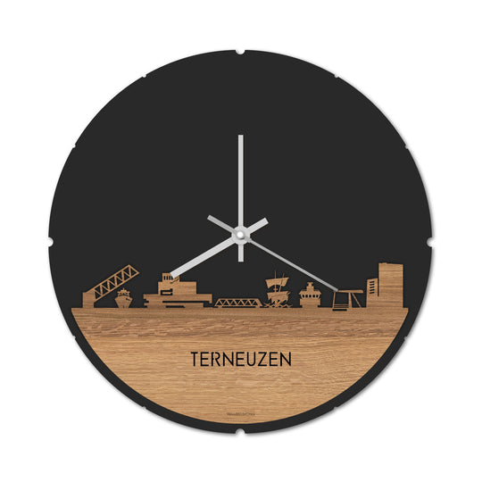 Skyline Klok Rond Terneuzen Eiken houten cadeau decoratie relatiegeschenk van WoodWideCities