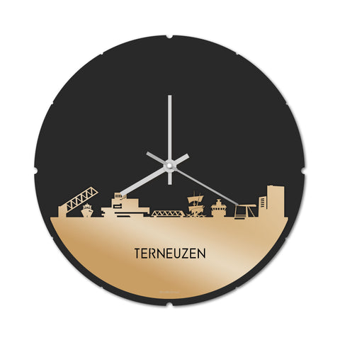 Skyline Klok Rond Terneuzen Metallic Goud gerecycled kunststof cadeau decoratie relatiegeschenk van WoodWideCities