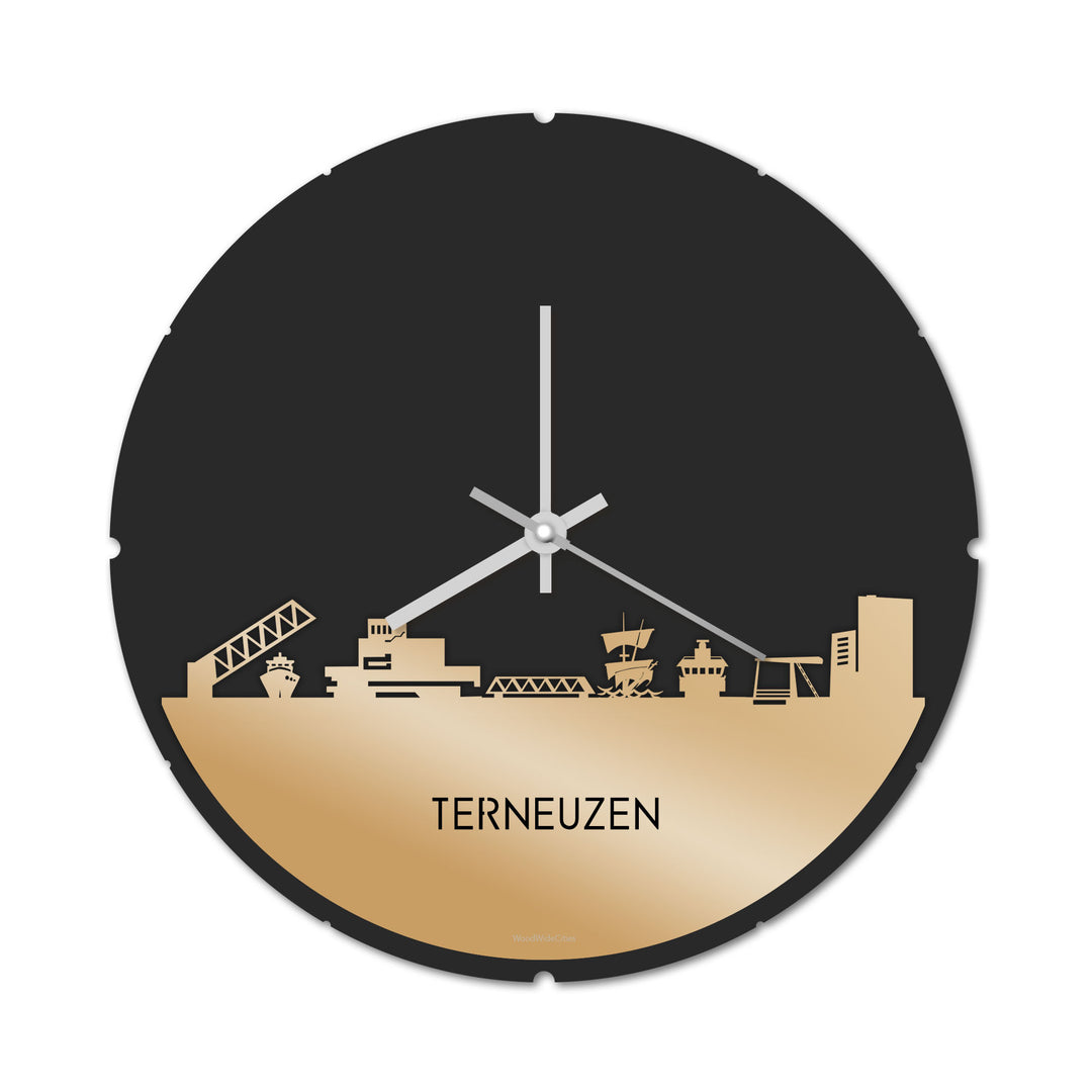 Skyline Klok Rond Terneuzen Metallic Goud gerecycled kunststof cadeau decoratie relatiegeschenk van WoodWideCities