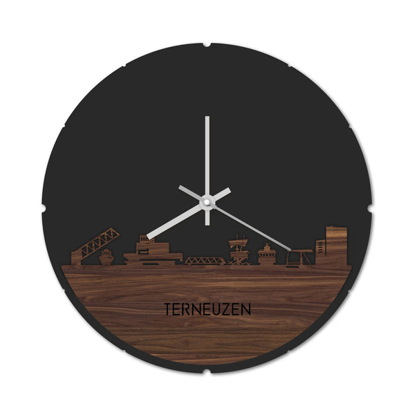 Skyline Klok Rond Terneuzen Noten houten cadeau decoratie relatiegeschenk van WoodWideCities