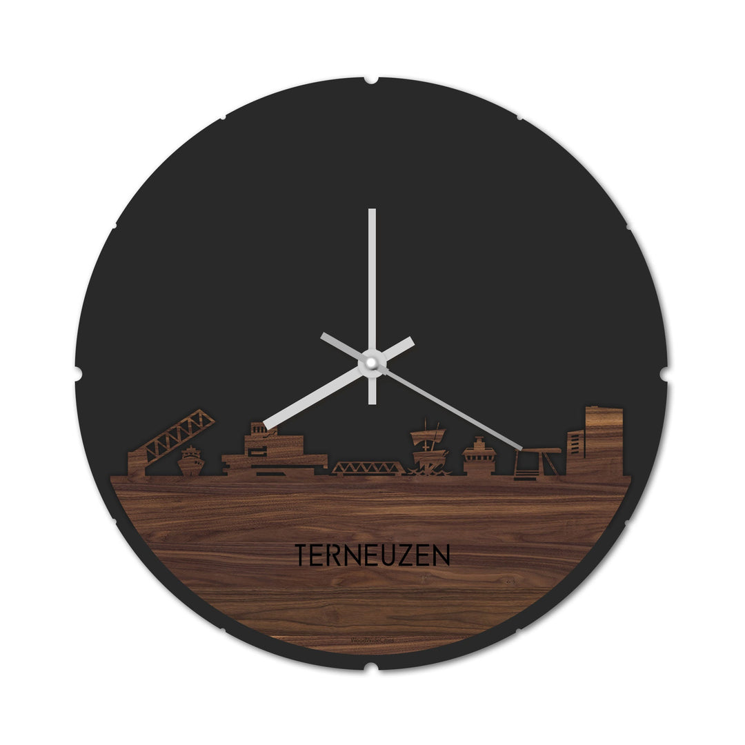 Skyline Klok Rond Terneuzen Noten houten cadeau decoratie relatiegeschenk van WoodWideCities