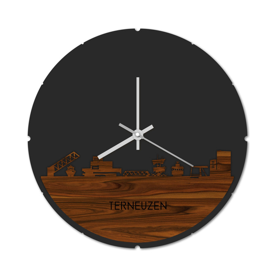 Skyline Klok Rond Terneuzen Palissander houten cadeau decoratie relatiegeschenk van WoodWideCities