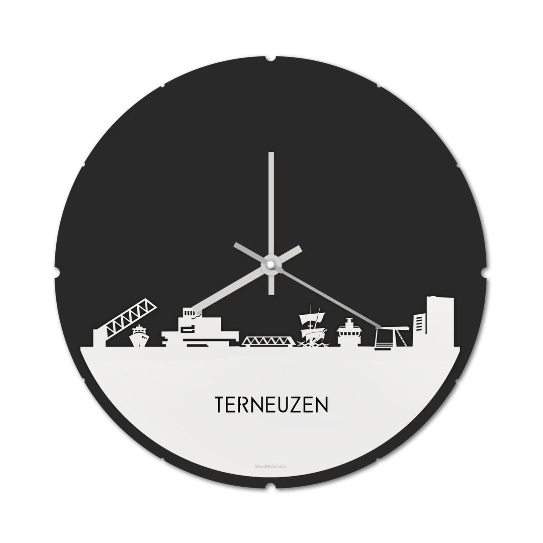Skyline Klok Rond Terneuzen Wit glanzend gerecycled kunststof cadeau decoratie relatiegeschenk van WoodWideCities