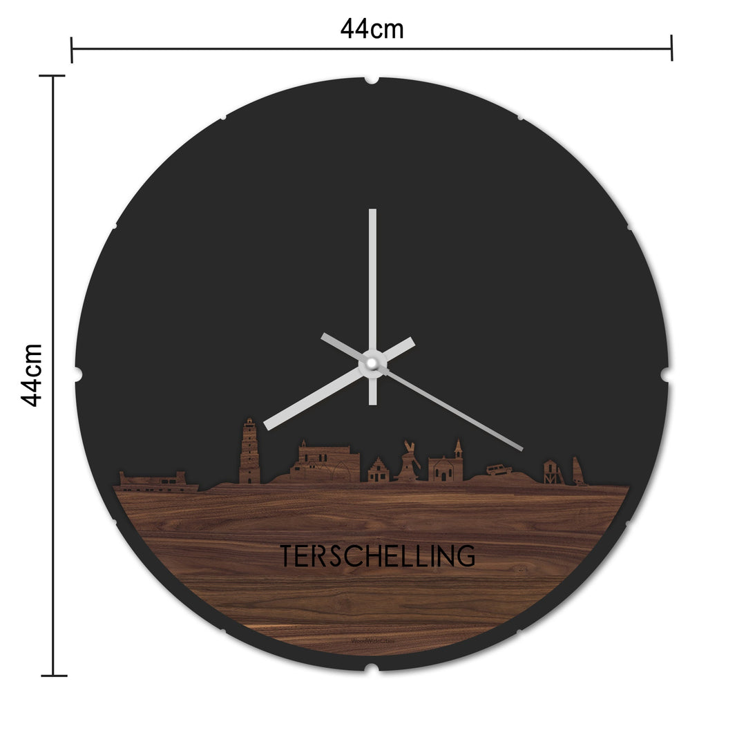 Skyline Klok Rond Terschelling Black Zwart houten cadeau decoratie relatiegeschenk van WoodWideCities